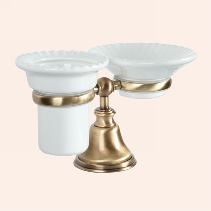 TW Harmony 141, настольный держатель с мыльницей и стаканом, керамика (бел), цвет: бронза TWHA141br