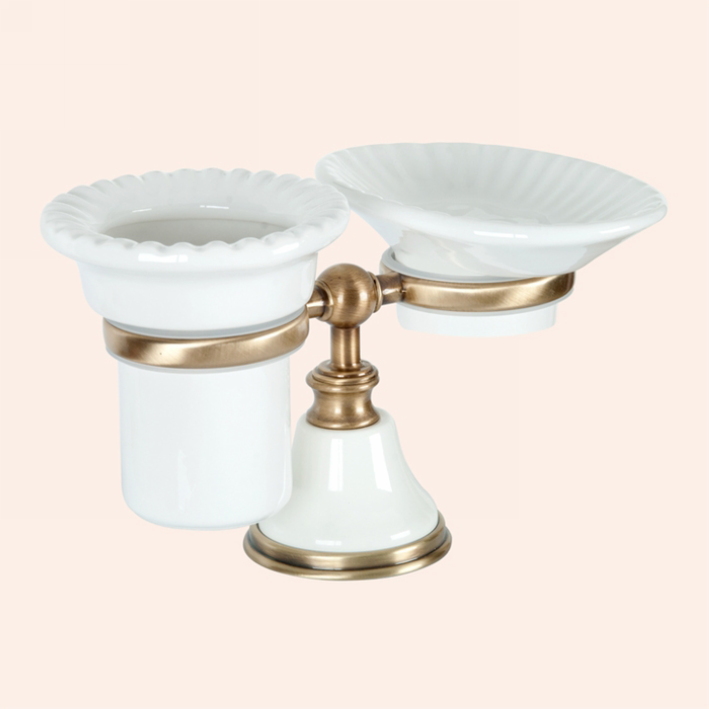 TW Harmony 141, настольный держатель с мыльницей и стаканом, керамика (бел), цвет: белый/бронза TWHA141bi/br