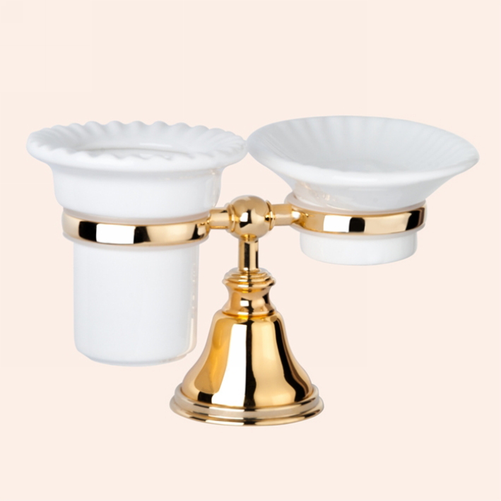 TW Harmony 141, настольный держатель с мыльницей и стаканом, керамика (бел), цвет: золото TWHA141oro